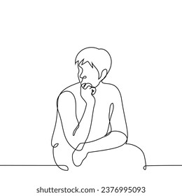 el hombre se sienta inclinado, apuntando su barbilla con la mano y mirando hacia el costado - un vector de arte de una línea. el concepto de estar inclinado hacia el lado
