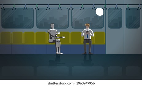 Un hombre se sienta y escucha al robot hablar mientras usa un smartphone en el transporte público en una noche oscura y luna llena. En el futuro, los ciborgs serán parte de la vida diaria de las personas.