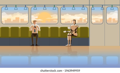 A man sits and listens to the robot speak chatting while using a smartphone on a train public transportation in an early morning sunrise. In the future, cyborgs will be a part of people's daily life.