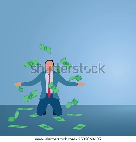 A man sits looking up and dollar bills are scattered. Illustration of overspending, big spending, too much shopping.