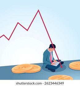Um homem se senta, olhando para um laptop, e uma flecha cai e bate na tela. Um exemplo metafórico da crise financeira, perdas e inflação.