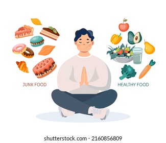 A man sits in a lotus position and chooses between healthy and unhealthy food, fast food and a balanced menu. Comparison of fast food and balanced menu. Vector