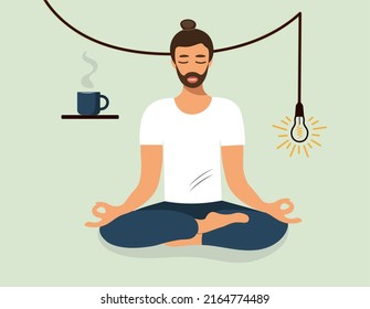 A man sits in a lotus position, does yoga, isolated on a green background. Hipster meditates with a cup of coffee. Vector flat illustration.. Template for yoga day.