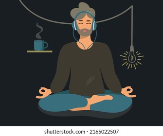 A man sits in a lotus position, does yoga and listens to music. Hipster in headphones meditates with a cup of coffee. Vector flat illustration on a dark background. Template for yoga day