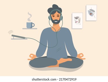 A man sits in a lotus position, does yoga and listens to music. Hipster in headphones meditates and drinks coffee. Vector flat illustration on a light background. Template for banner, poster, web.