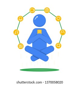 The man sits in the lotus position and holds the phone, work from the Internet, stickman meditates