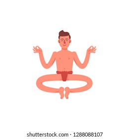 A man sits in a lotus position in a loincloth. A young man sits in a pose of meditation. Vector illustration.