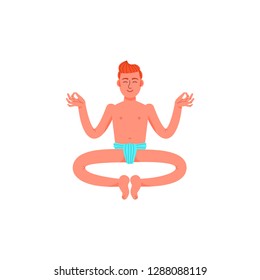 A man sits in a lotus position in a loincloth. A young man sits in a pose of meditation. Vector illustration.