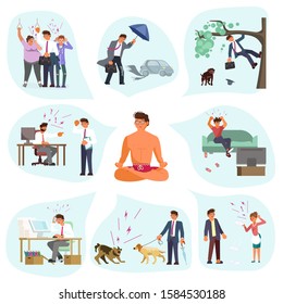A man sits in a lotus position and meditates. Situations of stressful and failure around him.  Male character experiences stress in everyday life. Flat Art Vector Illustration