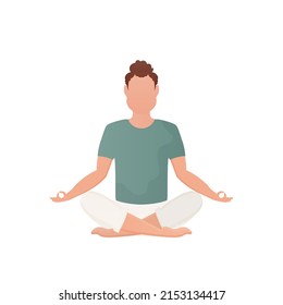 A man sits in a lotus position and meditates. Isolated. Cartoon style. Vector illustration
