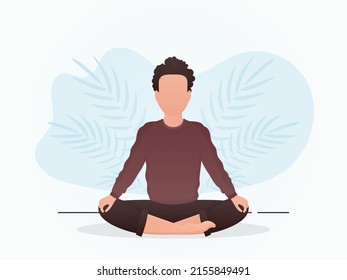 The man sits in the lotus position. Meditation. Cartoon style. Vector illustration