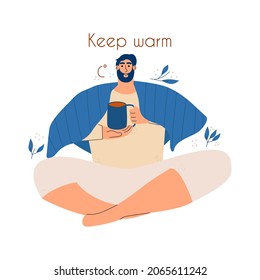 A man sits in a lotus position with a mug of hot chocolate and covered with a warm blanket. Vector illustration hand drawn in flat style