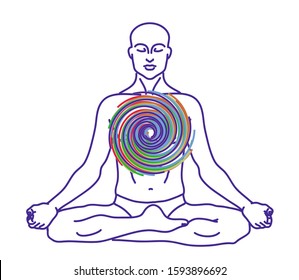 A man sits in a lotus position on a white background. Meditation. Vector illustration.