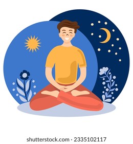 The man sits in the lotus position. A person meditates in nature in the morning and evening. Cartoon flat vector illustration.
