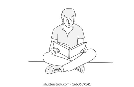 Der Mensch sitzt in Lotusposition und liest.  Handgezeichnete Vektorillustration.