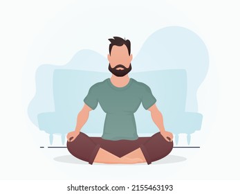 A man sits and meditates. Yoga. Cartoon style. Vector illustration