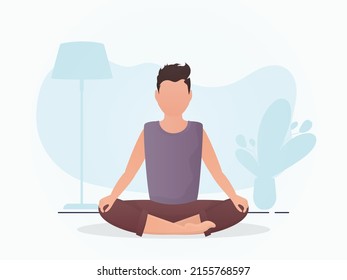 A man sits meditating in the lotus position. Meditation. Cartoon style. Vector illustration