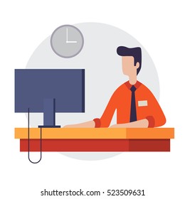 A man sits at a monitor. Work in the office. Vector illustration, flat design.