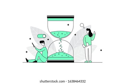 A man sits near a large hourglass. Girl gives an idea. Business process concept. Flat line vector illustration.