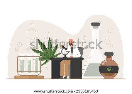 Man sits near microscope and conducts research on product. Legalization of marijuana. Medical drug use. Allowed medicinal growth with drug addiction. Flat vector illustration in cartoon style