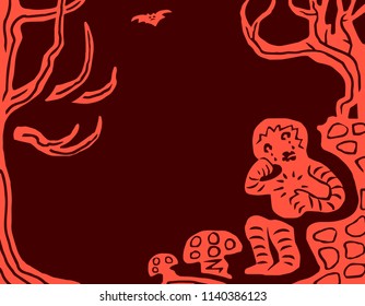 Man sits near tree in the forest. Red colour. Vector illustration.