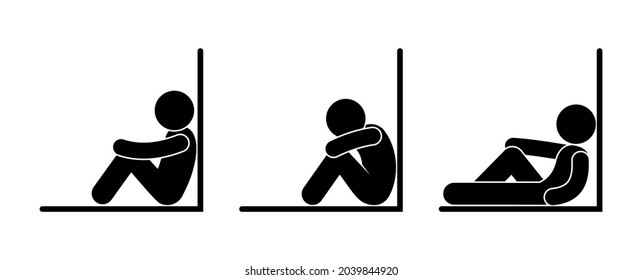 man sits near the wall, different poses of people having a rest, stick figure human silhouette, isolated vector pictograms