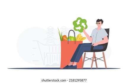 A man sits next to a bag of healthy food and holds an EKO icon. Healthy food, ecology, recycling and zero waste concept. Trend vector illustration.