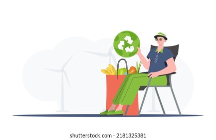 A man sits next to a bag of healthy food and holds an EKO icon. Healthy food, ecology, recycling and zero waste concept. Flat trendy style. Vector.