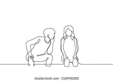 man sits next to girl   looks at her point  blank talking to her   smiling girl does not look at him   shy    one line drawing vector  concept man flirting and woman  street harassment