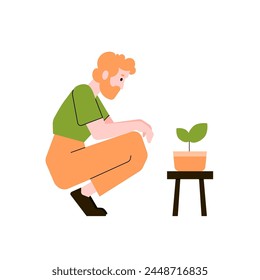 Man sits next to a growing seedling. Growing a plant. Abstract image of a new idea, growing income. Vector flat illustration with character.