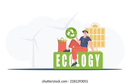 A man sits next to a package of proper food and holds an EKO icon. Ecology and green planet concept. Flat trendy style. Vector.