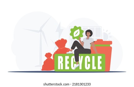 A man sits next to a package of proper food and holds an EKO icon. The concept of ecology, recycling and green planet. Trend vector illustration.