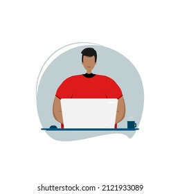 Ein Mann sitzt im Büro oder zu Hause am Computer und trinkt Kaffee. 