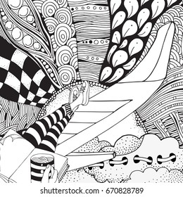 A man sits on the aircraft wing of an airplane and drinks coffee. Airplane is flying. View from the plane window. Sky, sun, clouds, legs. Summer. It's time to travel. Coloring book for adult.