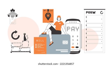 A man sits on a bank card and holds a parcel. Parcel delivery concept. Linear trendy style.