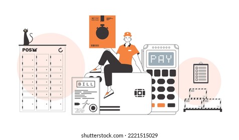 A man sits on a bank card and holds a parcel. The concept of the delivery of goods and parcels. Linear trendy style.