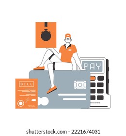 A man sits on a bank card and holds a parcel. Delivery concept. Linear modern style. Isolated on white background. Vector illustration.