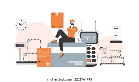 A man sits on a bank card and holds a parcel. Parcel delivery concept. Linear style.