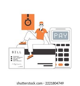A man sits on a bank card and holds a parcel. The concept of the delivery of goods and parcels. Linear modern style. Isolated on white background. Vector illustration.