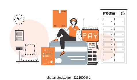 A man sits on a bank card and holds a parcel. Delivery concept. Linear style.