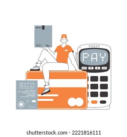 A man sits on a bank card and holds a parcel. The concept of the delivery of goods and parcels. Linear style. Isolated on white background. Vector illustration.