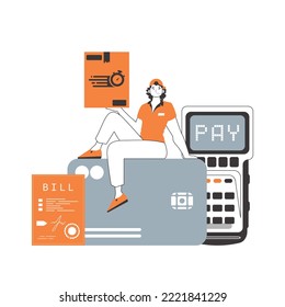 A man sits on a bank card and holds a parcel. Delivery concept. Linear trendy style. Isolated on white background. Vector illustration.