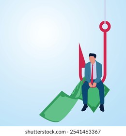 Ein Mann sitzt auf Banknoten, die auf einer Angelrute gefangen sind. Illustration für Click Bait, digitales Phishing, Online-Marketing.