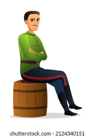 Man sits on barrel of wine. Cheerful young Russian guy. Male figure. Russia historical funny person character boy. Cartoon cute style illustration. Isolated on white background. Vector.
