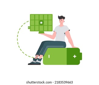 A man sits on a battery and holds a solar panel in his hands. Green energy concept. Isolated on white background. trendy style. Vector illustration.