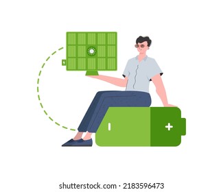 A man sits on a battery and holds a solar panel in his hands. Eco energy concept. Isolated. trendy style. Vector illustration.