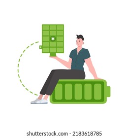 A man sits on a battery and holds a solar panel in his hands. Green energy concept. Isolated. trendy style. Vector illustration.