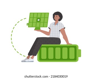 A man sits on a battery and holds a solar panel in his hands. Green energy concept. Isolated. Vector illustration.