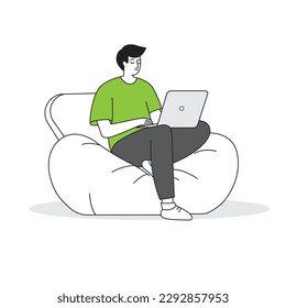 A man sits on a bean bag chair remote working with laptop flat line art illustration.