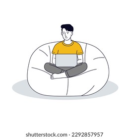 Un hombre se sienta en una silla de maleta de frijol trabajando con el mínimo arte de la línea de ilustración plana de la laptop.